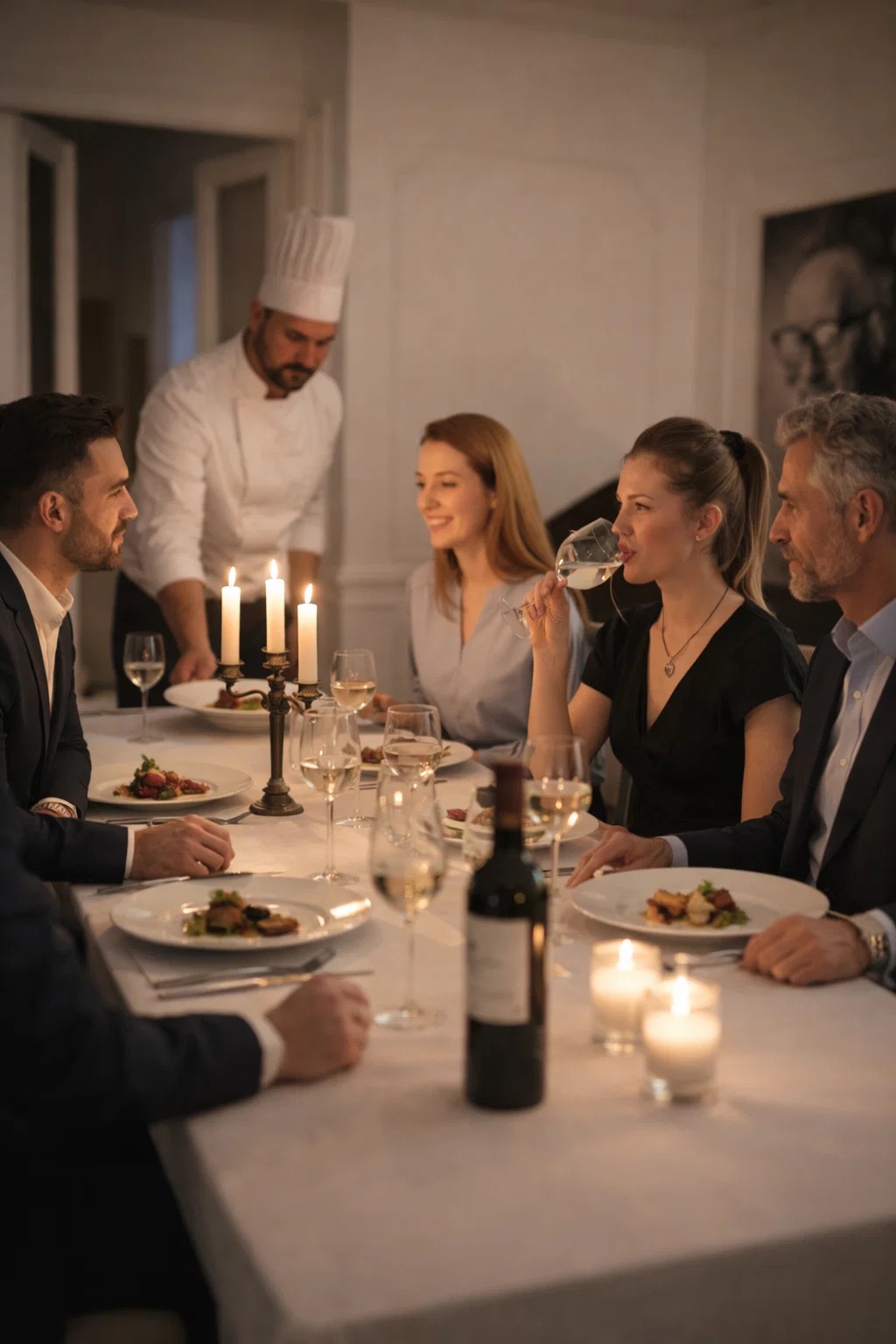 A chef serving guests at a corporate dinner